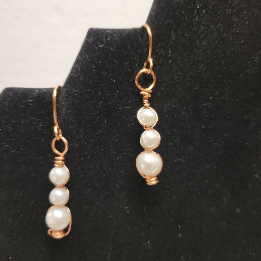 Rose Gold Wire and White Faux Pearl Dangle Earrings